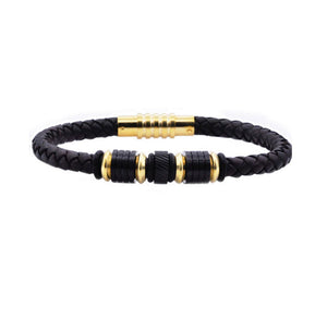 Black Leather Gold Stainless Steel Bracelet