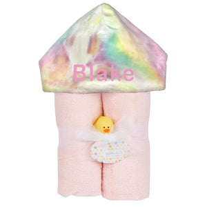 Plush Hooded Towel - Pink Towel with Pastel Rainbow Tie Dye