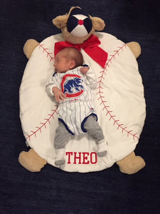 Baby Theo on Baseball Belly Blanket