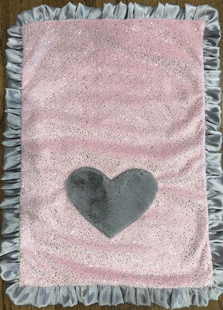 Pink glitter (no actual glitter) Heart Traveler Blanket with Silver Satin Ruffle