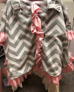 Car Seat Canopy- Grey Chevron with Pink Ruffle