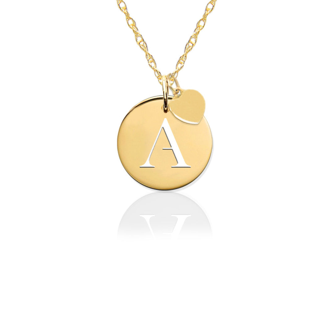 Necklace-Pierced Disc Initial Charm w Gold Heart