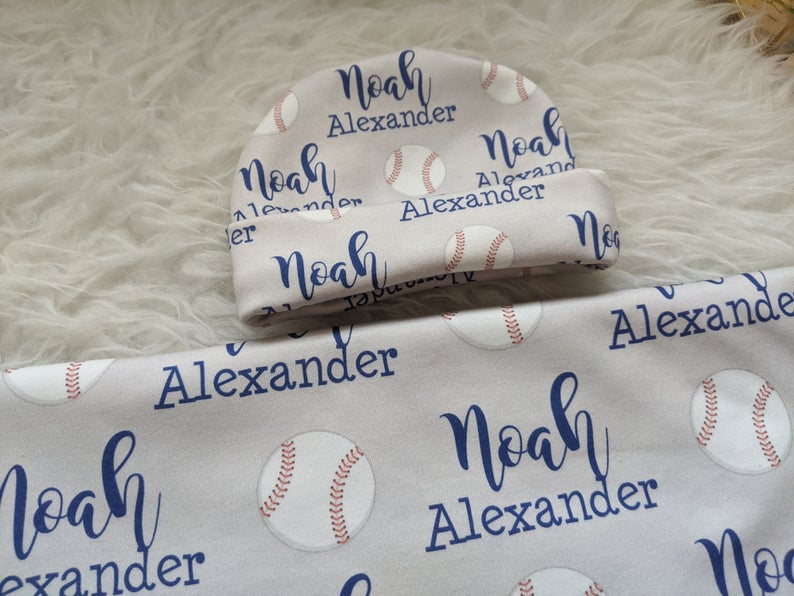 Personalized Super Soft Organic Baby Swaddle and Hat Set -Sports of All Sorts