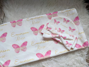 Personalized baby Swaddle and Hat/Headband Set- Butterfly Design