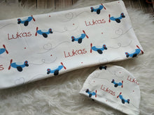 Personalized Supersoft Baby Swaddle and Hat Set-Airplanes and Cars