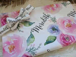 Personalized baby Swaddle and Hat/Headband Set-Floral