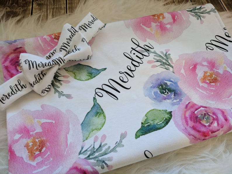 Personalized baby Swaddle and Hat/Headband Set-Floral