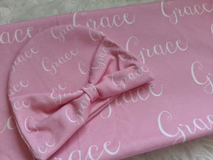 Personalized Supersoft Baby Swaddle and Hat Set- Pink Grace Name Blanket